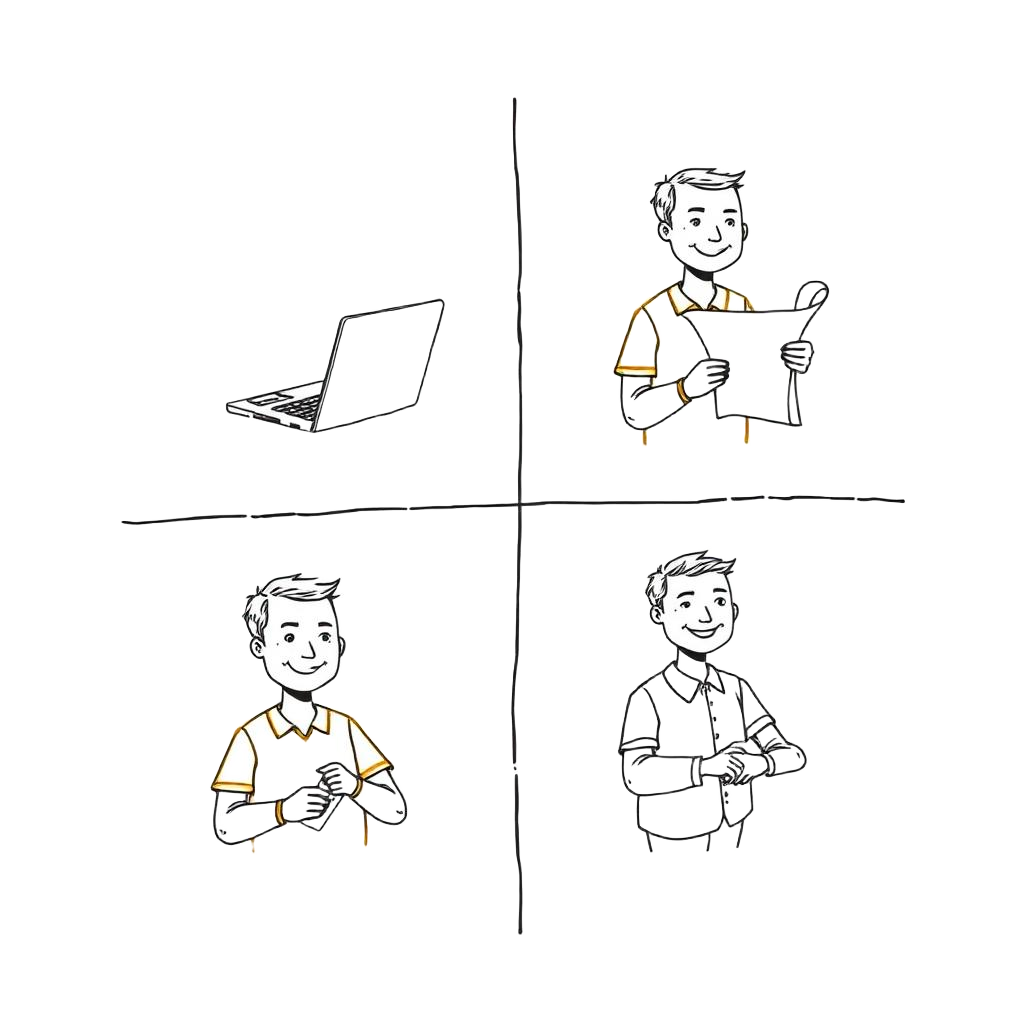 Four Preston illustrations: reviewing a form, reading plans, comparing professionals, and introducing a match